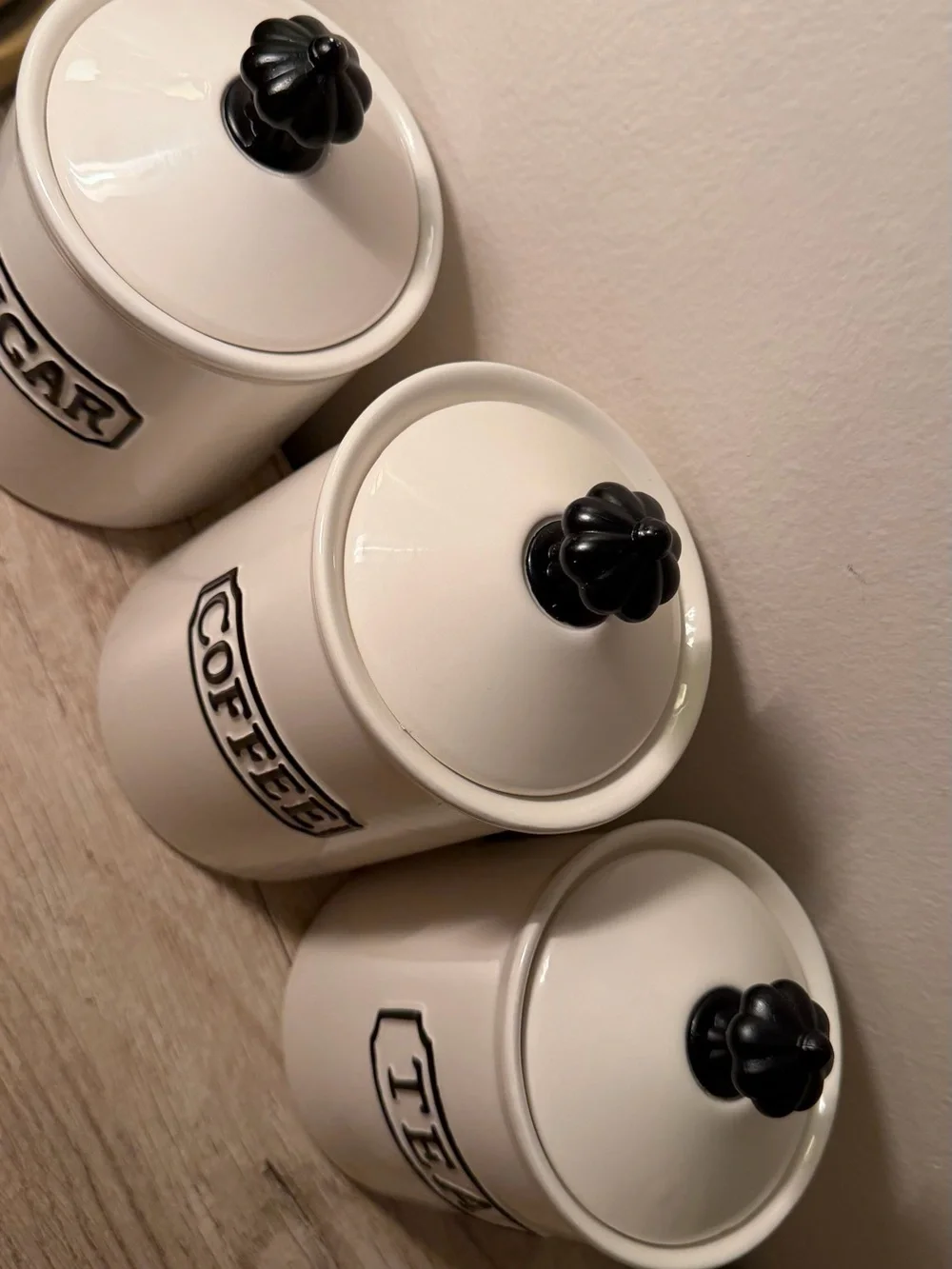Ceramic Canister Set - sugar, coffee, tea. Cream with Black Accents